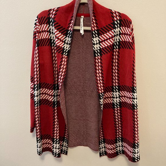 Cardigan Leo & Nicole Sz PS Red Black Plaid Sweater Open Front Grandma-Core - Picture 3 of 12